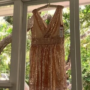 Kate Kasin NWT  Large Rose Gold Sequin Mini  V Neck Back, Lined Cocktail…
